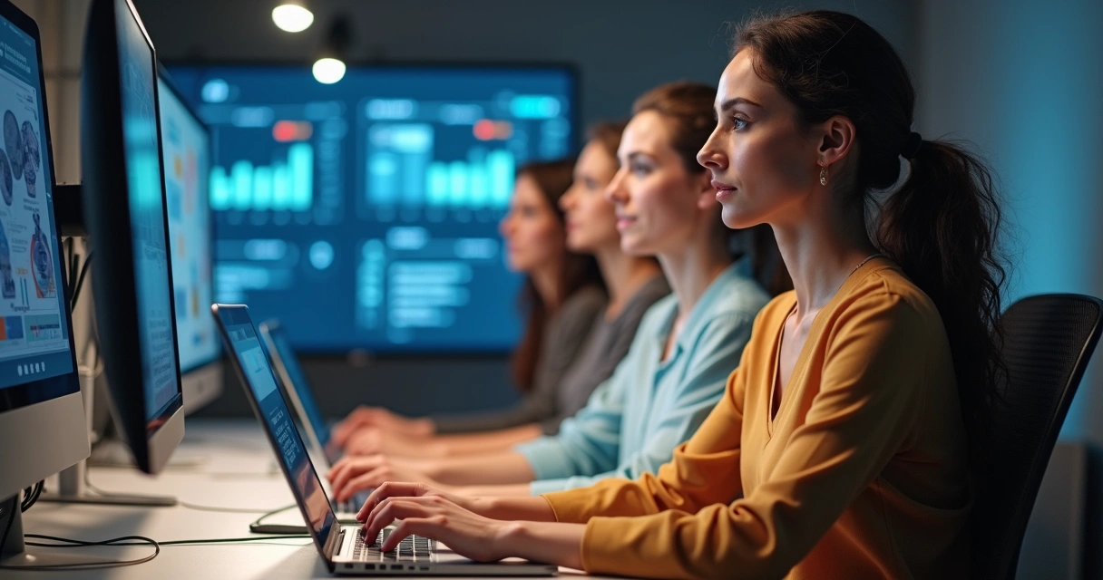Equipe trabalhando em atendimento ao cliente com tecnologia avançada