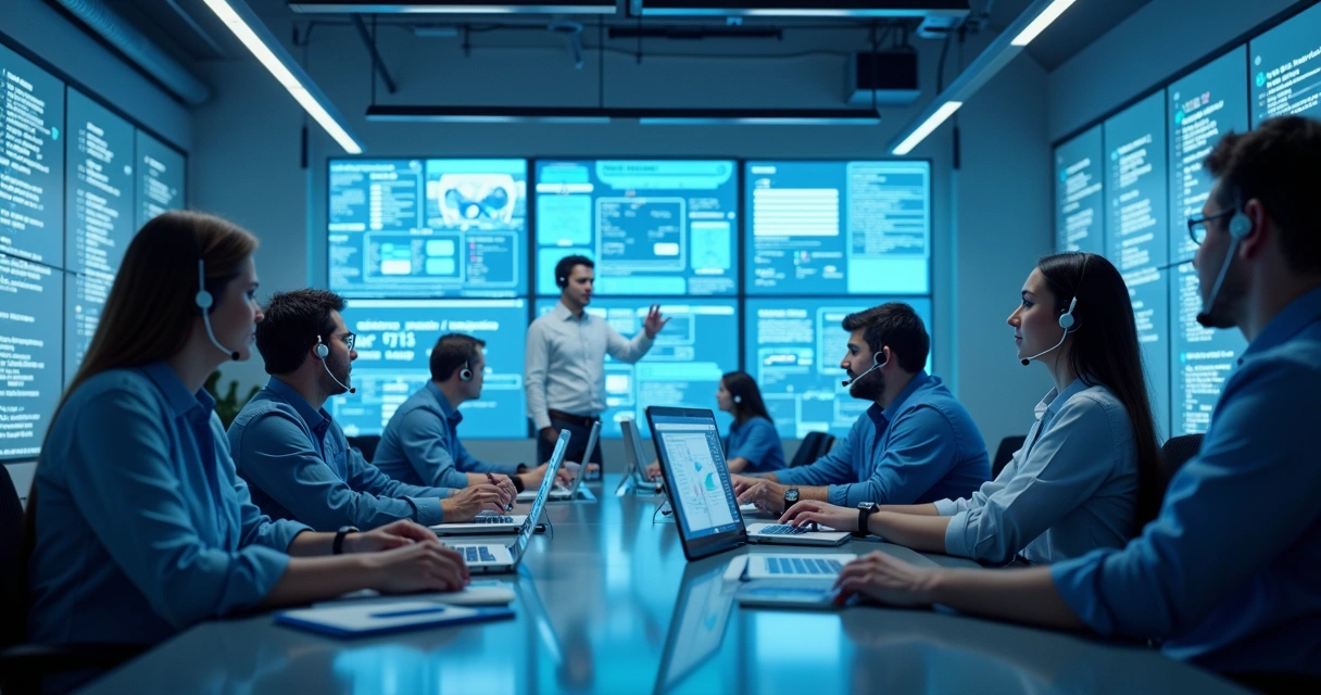 Equipe de atendimento analisando tecnologia e inteligência artificial