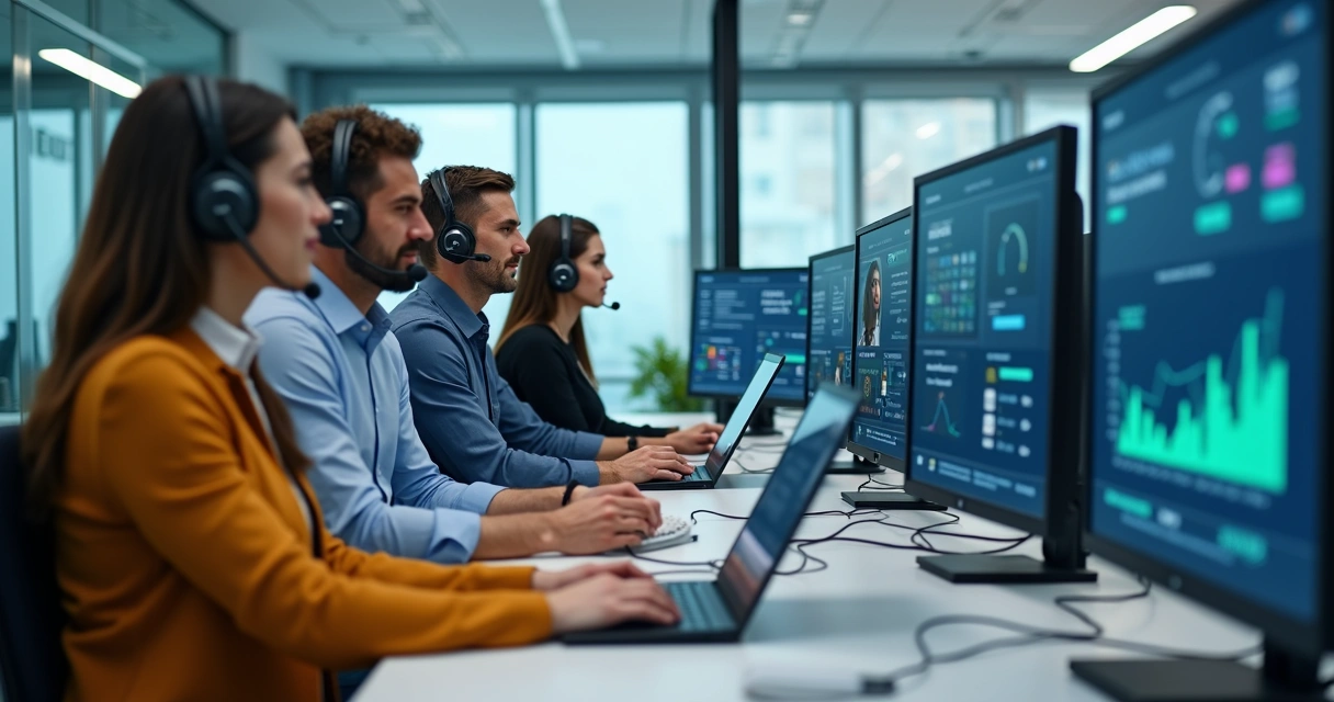 Equipe de atendimento em uma empresa usando telefones VoIP em um escritório moderno 