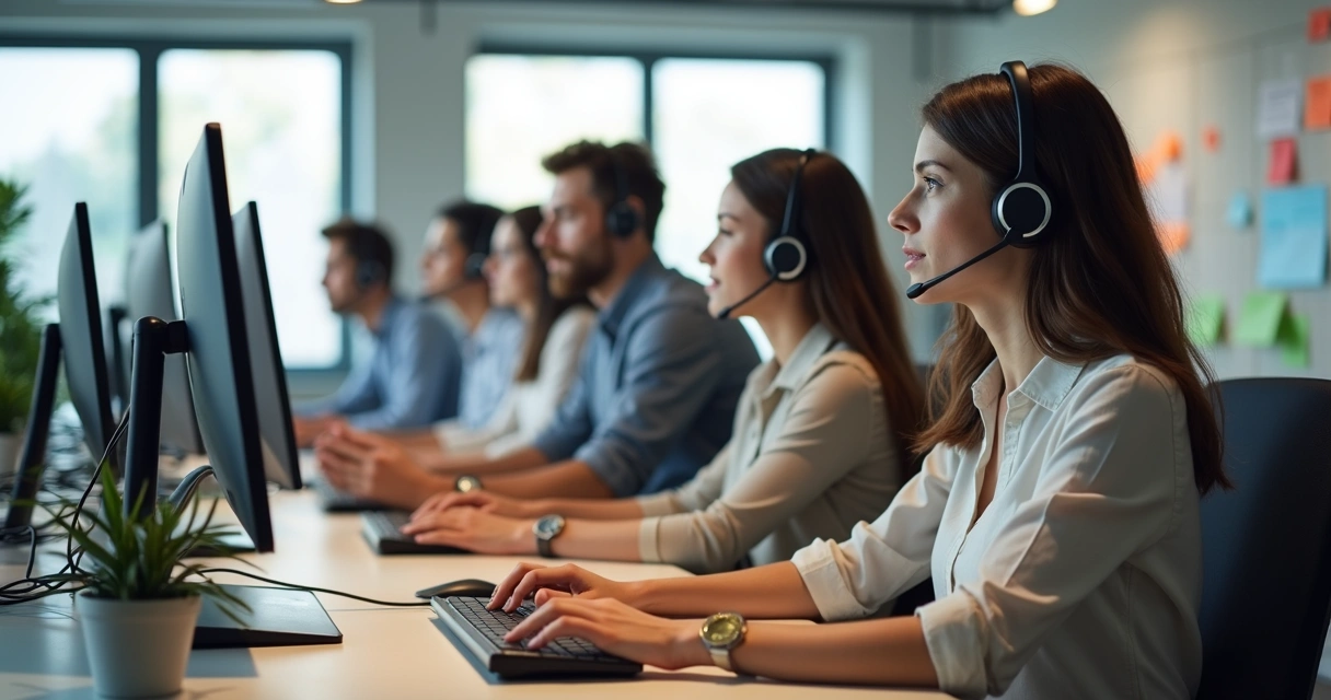 Equipe de atendimento ao cliente focada em computadores 
