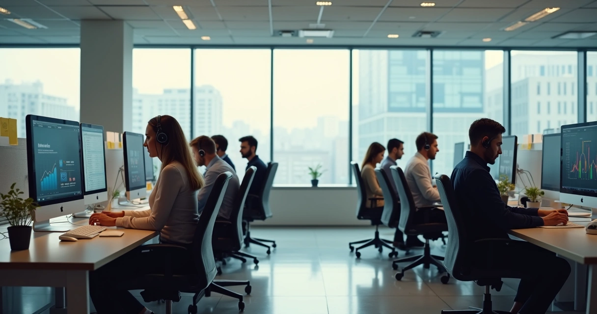 Equipe de analistas de atendimento reunida em um espaço de trabalho moderno 