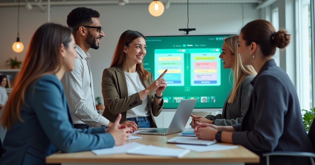 Equipe de atendimento reunida acompanhando funil digital em tela