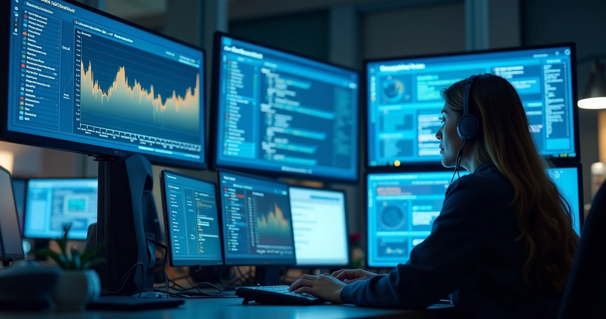 Equipe de atendimento observando telas digitais com gráficos rápidos 