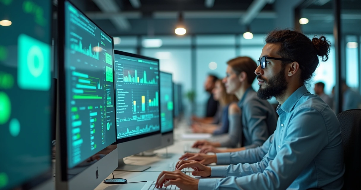 Equipe comercial trabalhando em computadores com interface do WhatsApp e gráficos de vendas aparecendo na tela 