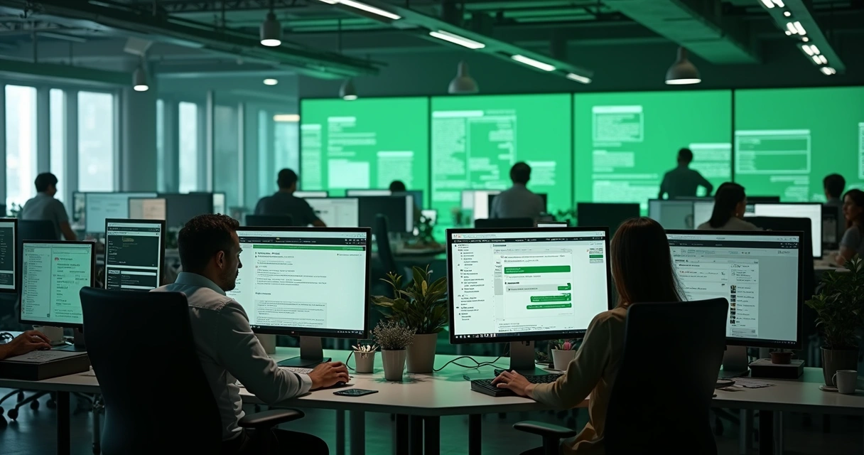 Equipe de atendimento usando telas com mensagens do WhatsApp 