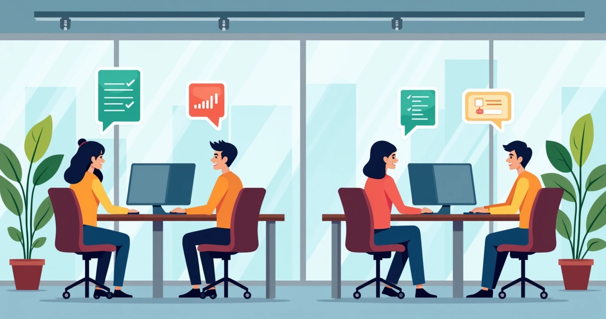 Equipe de atendimento em sala moderna usando computadores, conversando pelo WhatsApp 