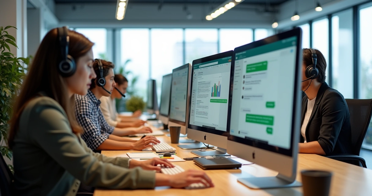Equipe usando computador para atendimento pelo WhatsApp 