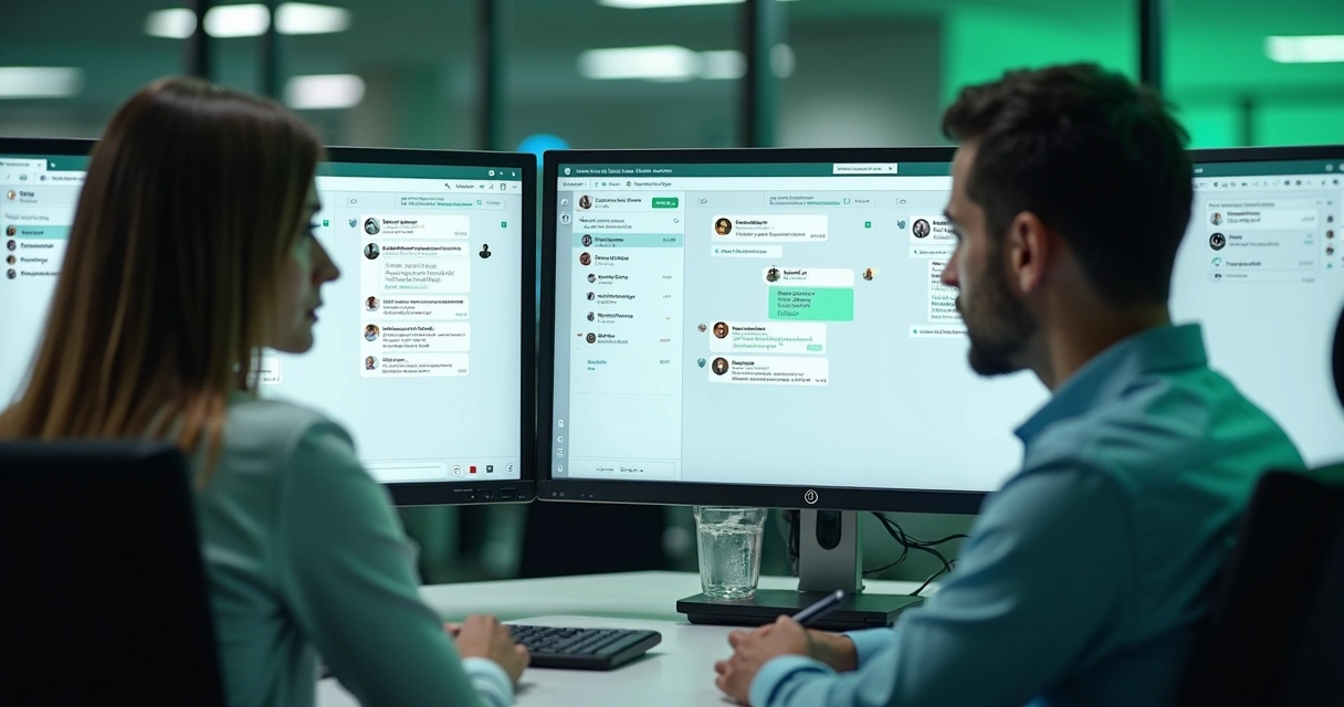 Equipe usando painel de atendimento com conversas organizadas 
