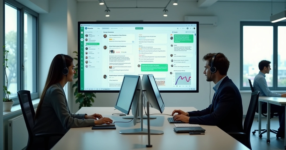 Equipe acompanhando atendimento B2B em painel digital 