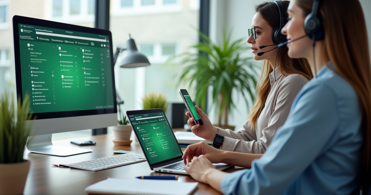 Equipe acompanhando painel de atendimento em notebook e celular