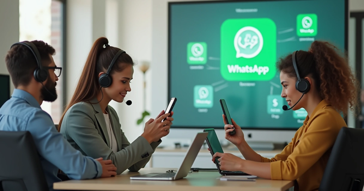 Equipe de atendimento utilizando celulares em ambiente corporativo