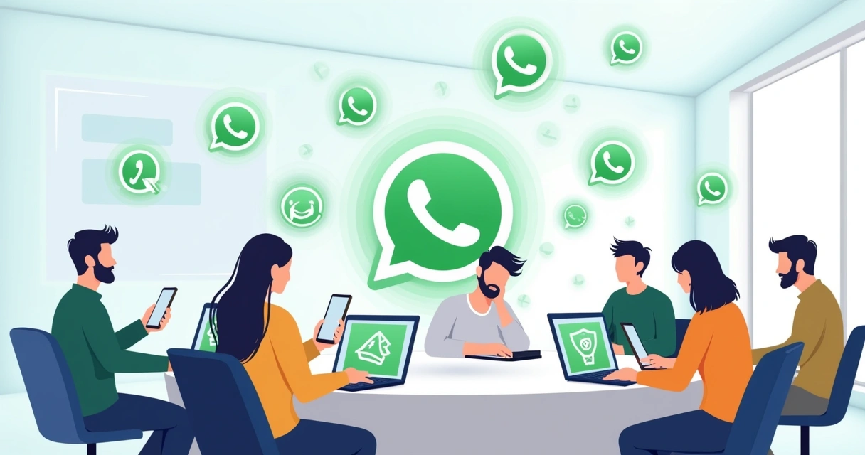 Equipe reunida usando notebooks e celulares para atendimento no WhatsApp 