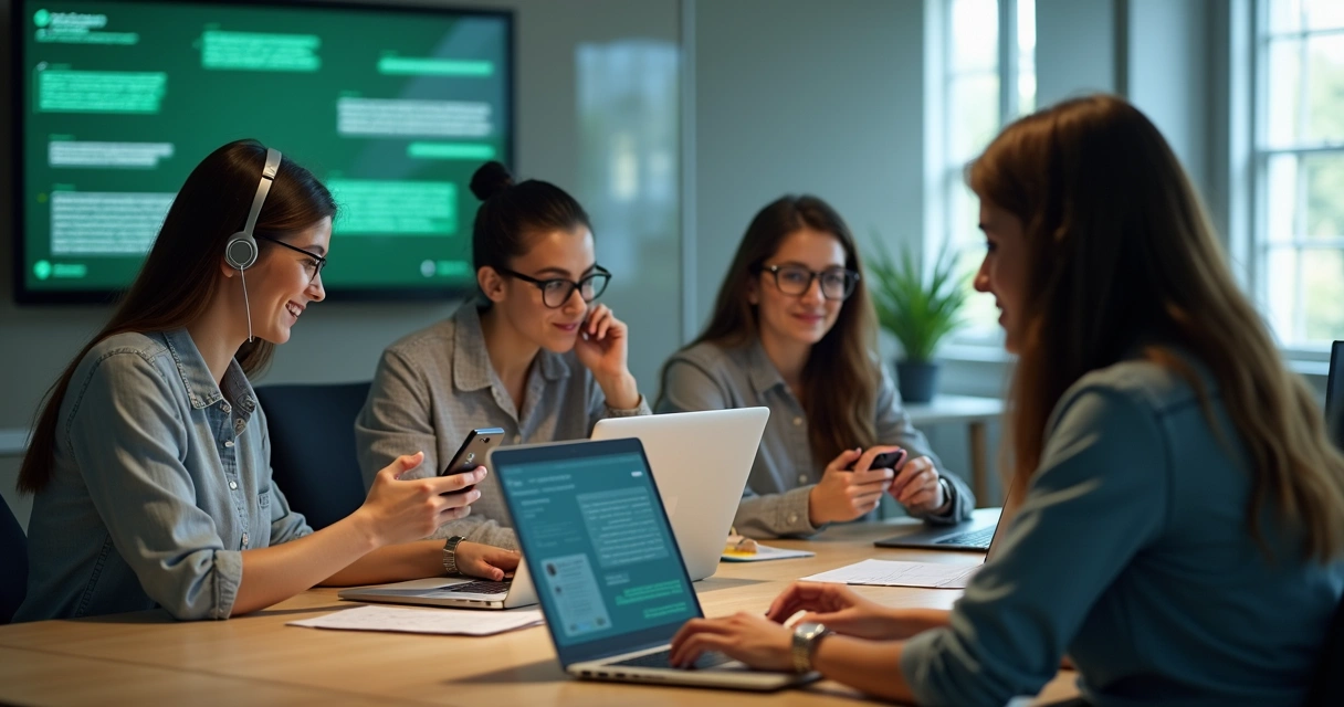 Equipe de atendimento conversando com clientes pelo WhatsApp em ambiente colaborativo 