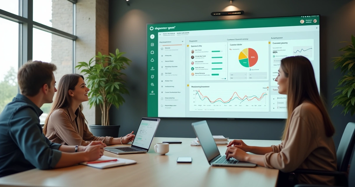 Equipe acompanhando métricas de atendimento em sala de reunião 