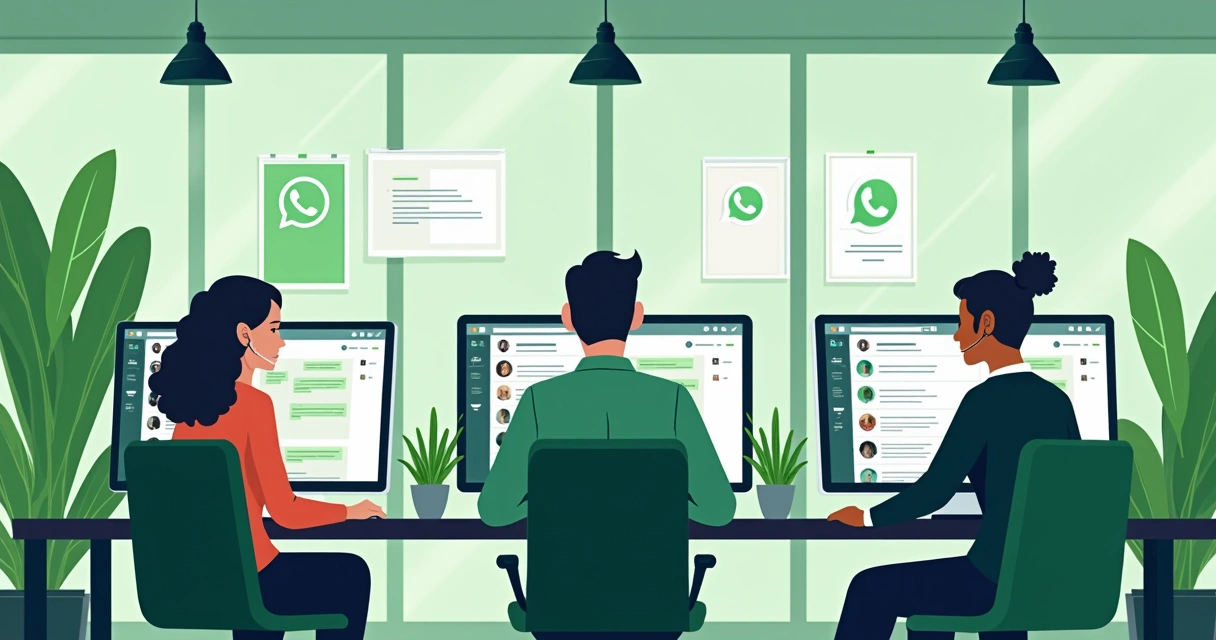 Equipe de atendimento em escritório com mensagens do WhatsApp em telas