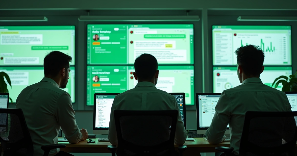 Equipe comercial acompanhando conversas de WhatsApp em painel operacional