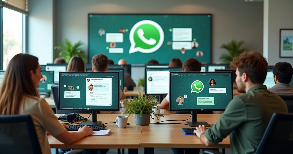 Equipe corporativa atendendo clientes em computadores com interface de WhatsApp na tela 