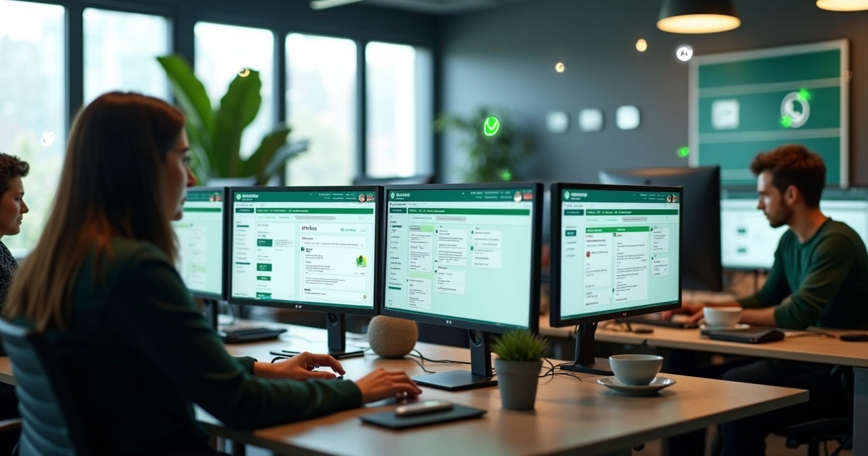 Equipe de atendimento usando computadores com interface de WhatsApp centralizada mostrando automações ativas 