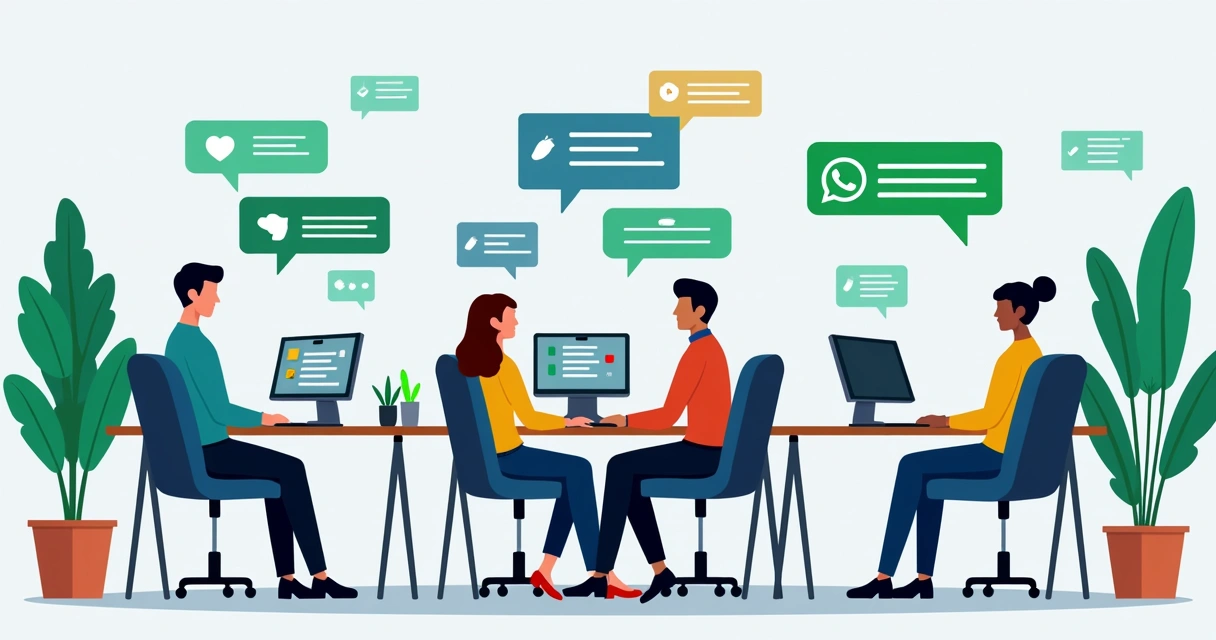 Equipe usando computadores para atendimento no WhatsApp 