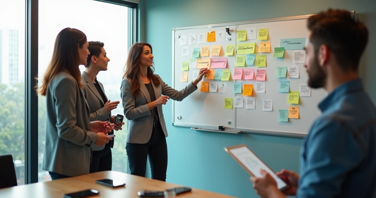 Equipe de atendimento ao cliente organizando conversas de WhatsApp em mural estilo kanban 