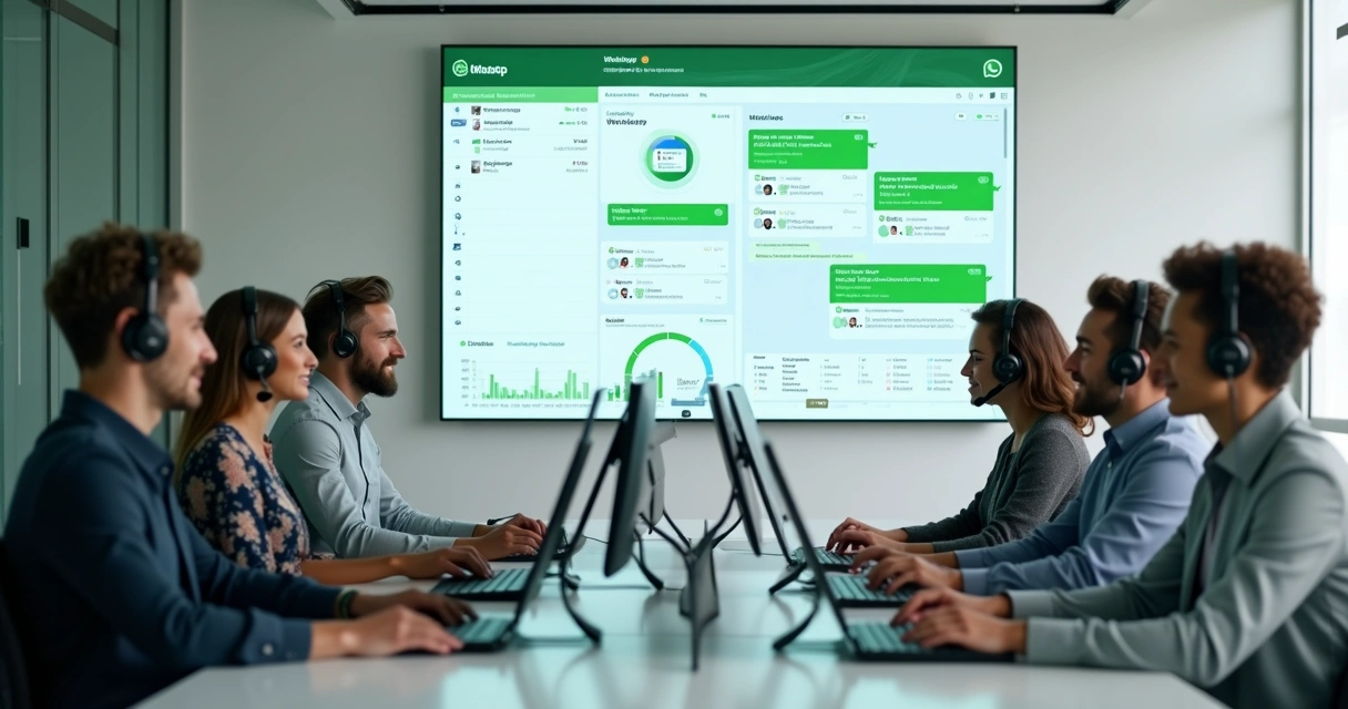 Equipe de atendimento analisando painel central com conversas de WhatsApp 