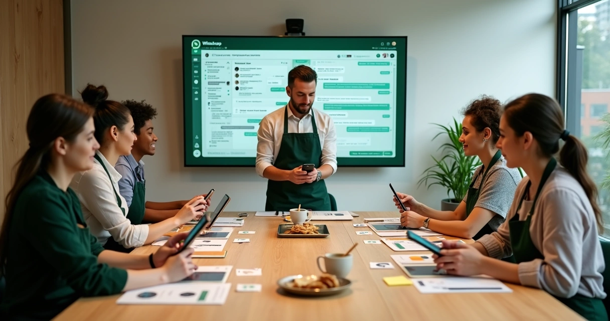 Equipe de atendimento de restaurante reunida em torno de tela com WhatsApp aberto 