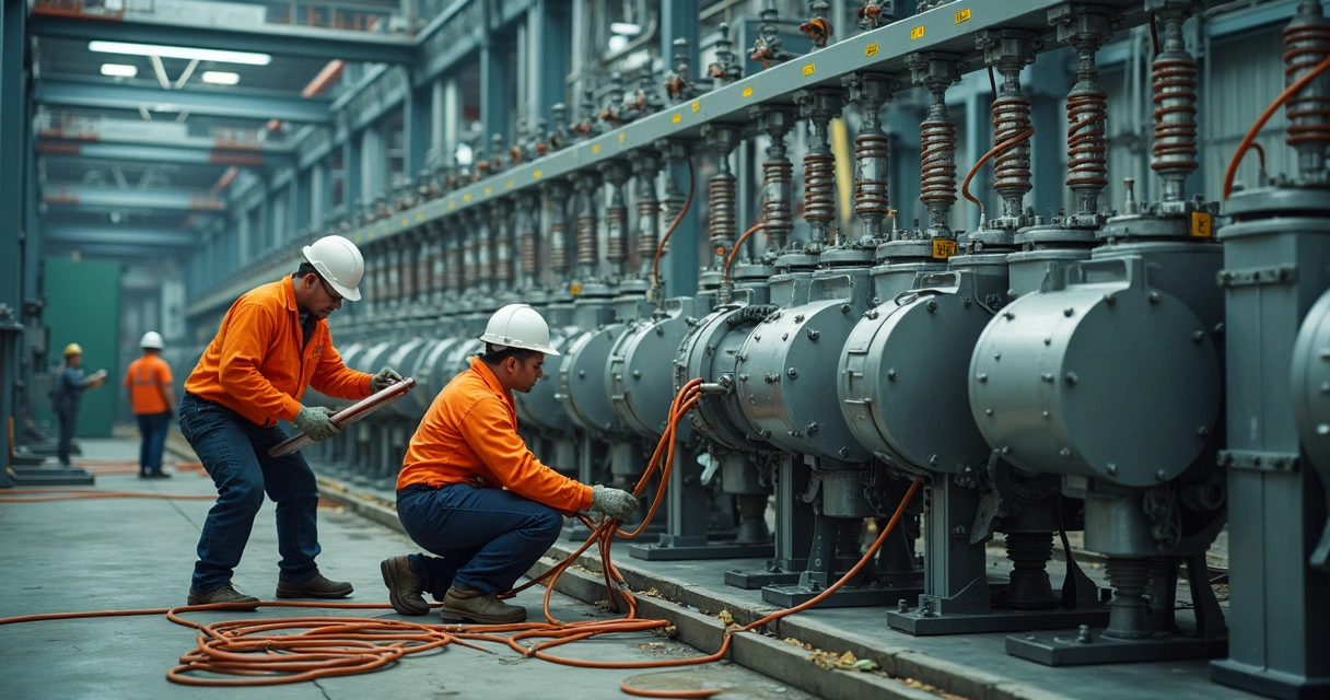 Equipe realizando aterramento temporário no setor elétrico industrial