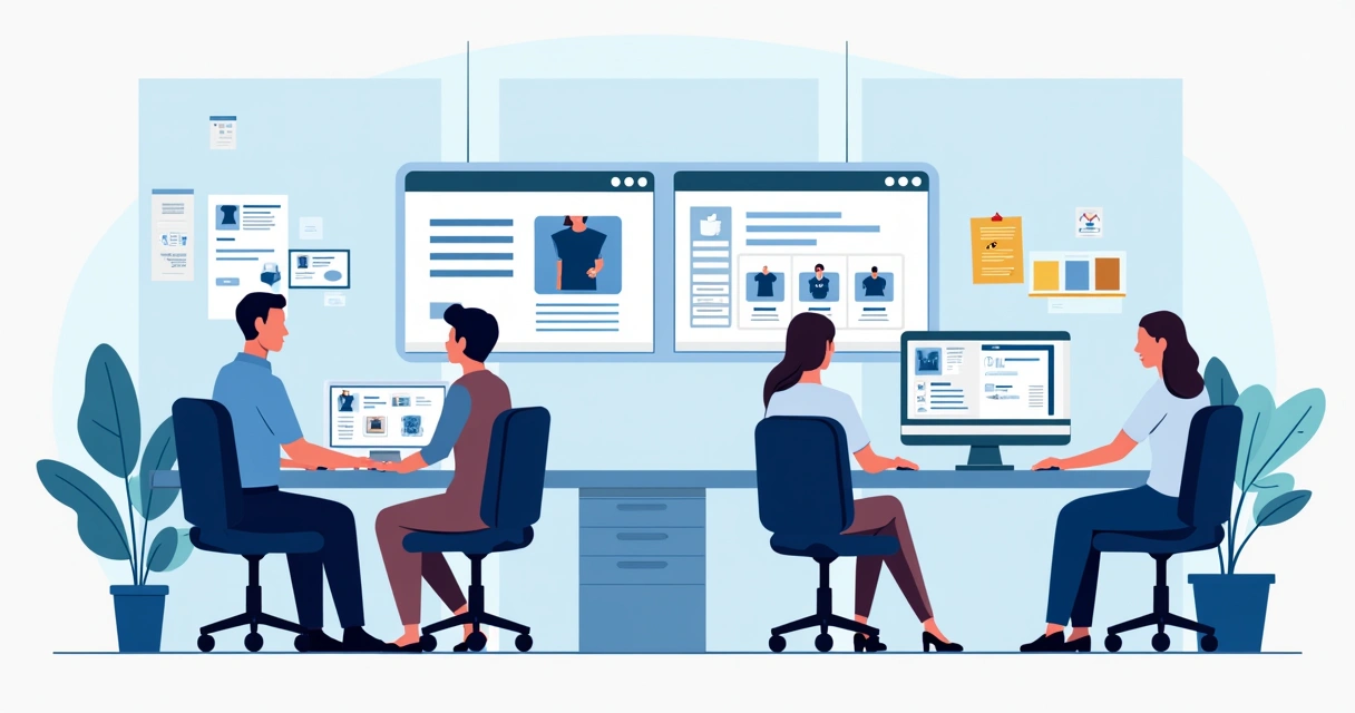 Equipe atualizando catálogo digital em sistema online 