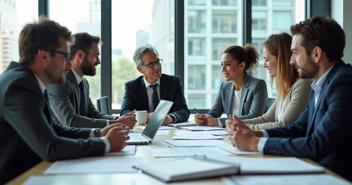 Equipe analisando pilhas de documentos contábeis em mesa de reunião 