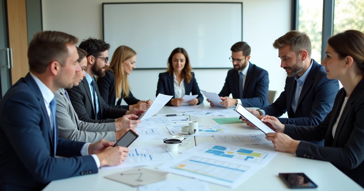 Equipe avaliando documentos de auditoria em sala de reunião 