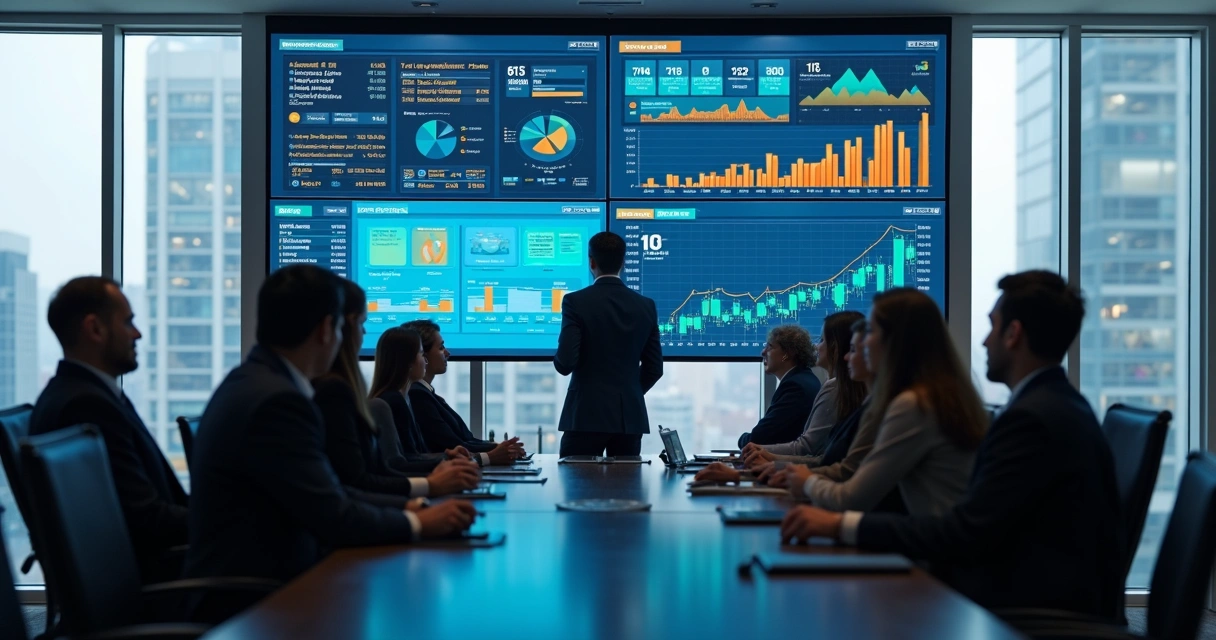 Profissionais reunidos em frente a telas exibindo gráficos fiscais 