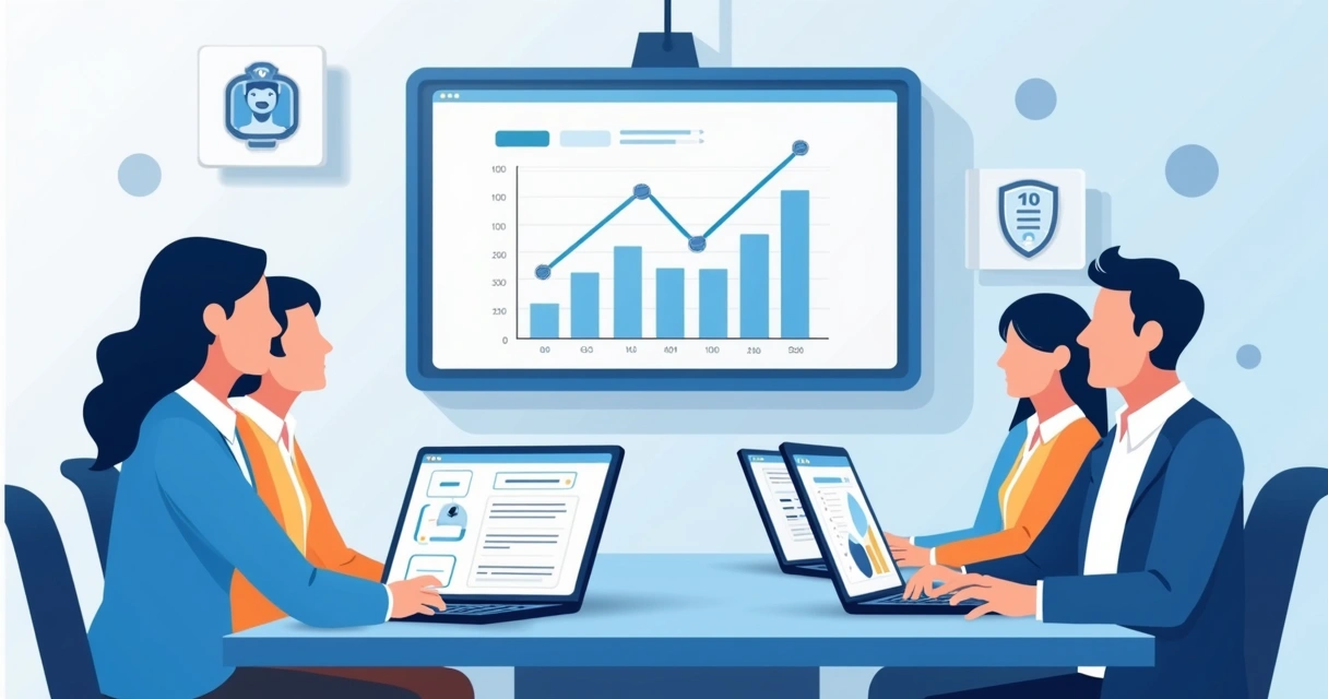 Equipe de projetos reunida usando computadores, analisando gráficos e checklist digital 