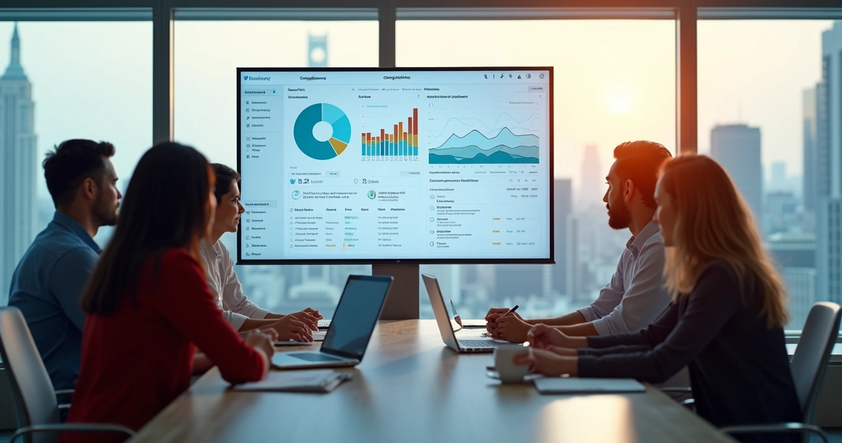 Equipe de SaaS analisando dashboard de compliance fiscal em uma sala de reunião 