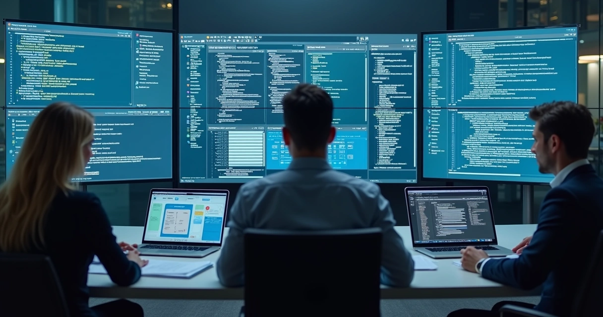 Equipe revisando painéis de logs e código em escritório corporativo