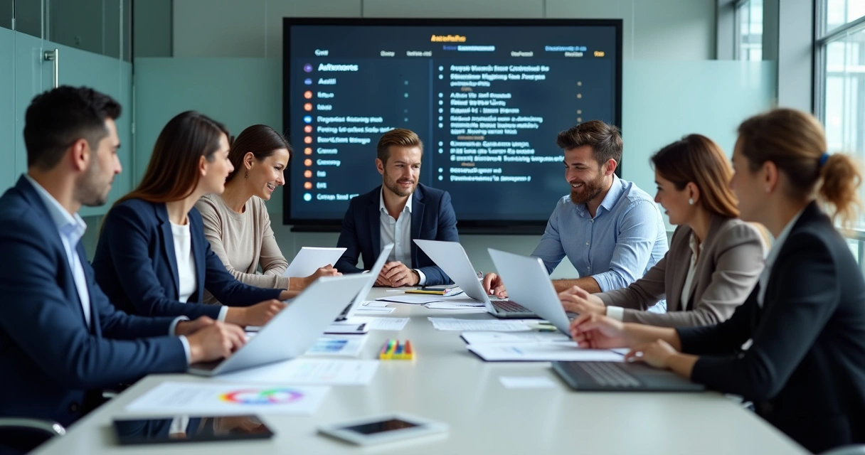 Equipe de auditores revisando dados juntos em escritório moderno 