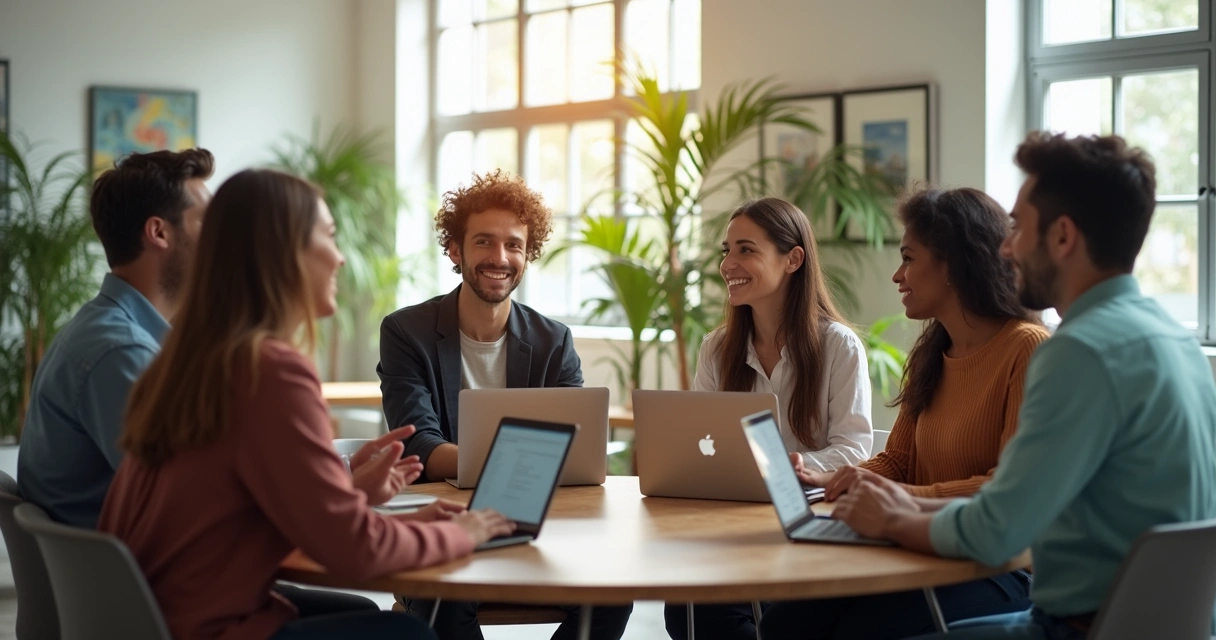 Equipe em reunião circular em escritório com arco-íris de cores ligando as pessoas 