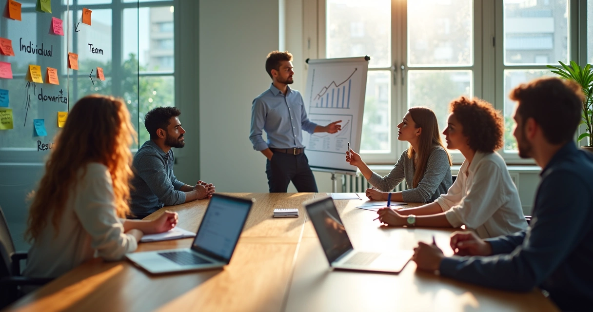 Equipe diversa em reunião refletindo sobre autoconhecimento e alta performance 