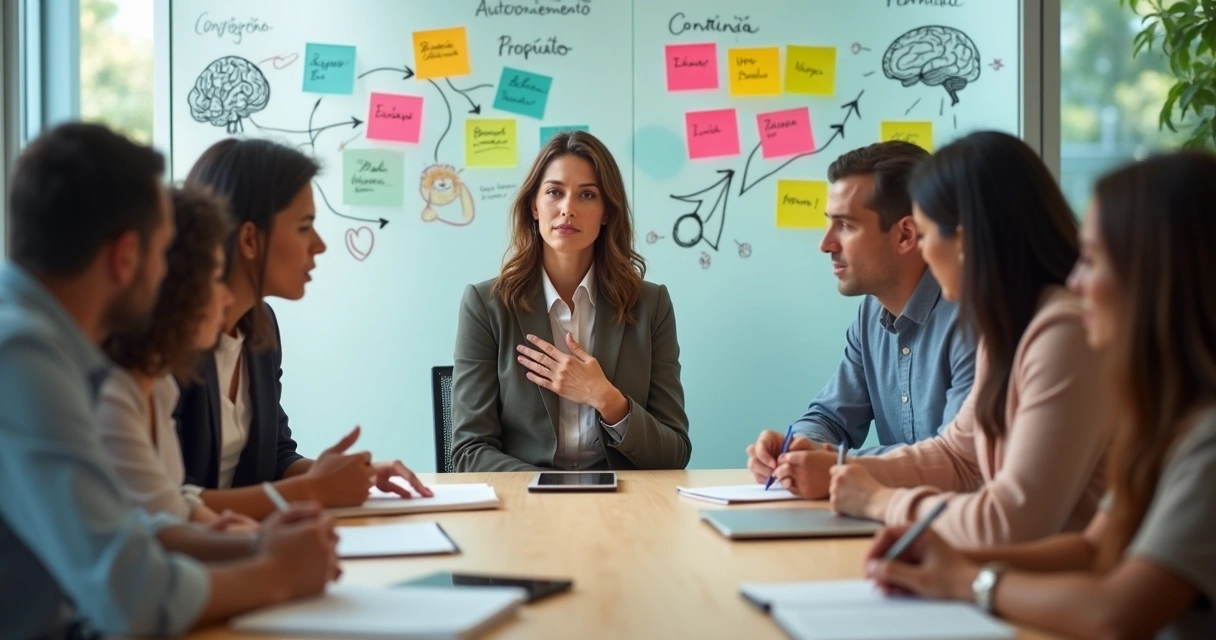 Equipe diversa em reunião refletindo sobre autoconhecimento e colaboração 
