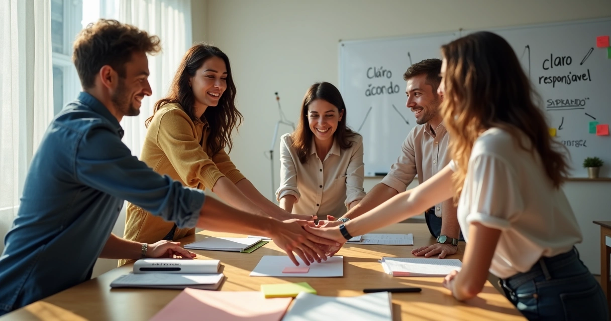 Equipe diversa em pé em círculo unindo mãos sobre mesa redonda com post-its coloridos 
