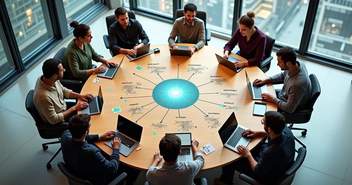 Equipe diversa em círculo colaborando em um escritório moderno, vista de cima 