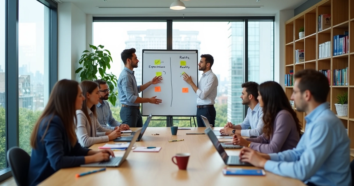 Equipe autogerida em reunião ajustando expectativas em quadro branco 