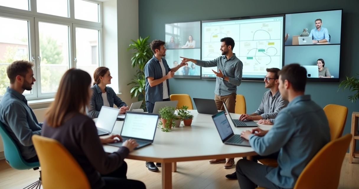 Equipe diversa em círculo usando mesas modulares em ambiente híbrido moderno 