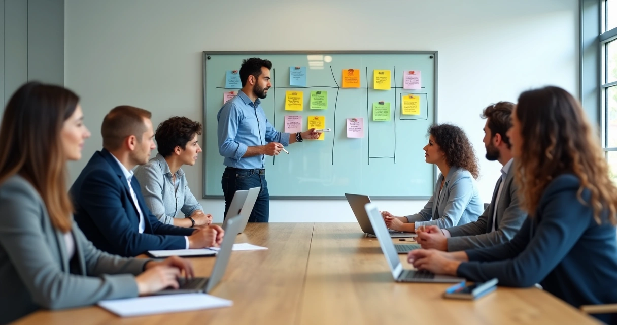 Equipe em reunião colaborativa usando quadro com fluxo de trabalho autogerido 
