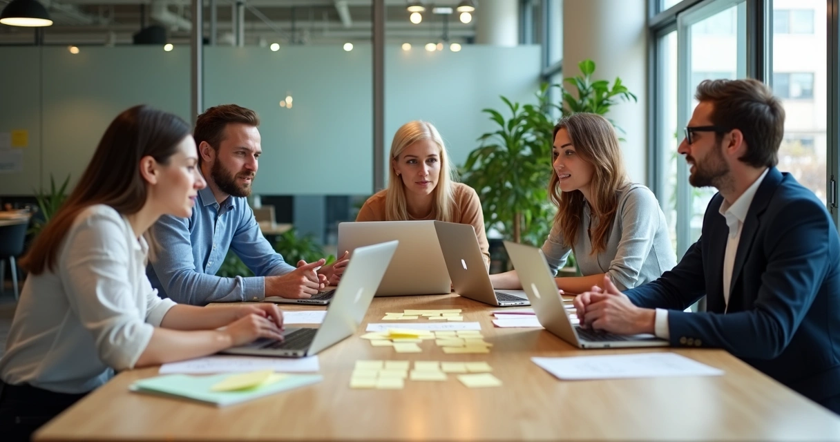 Equipe reunida ao redor de uma mesa, discutindo de forma colaborativa em ambiente de trabalho moderno