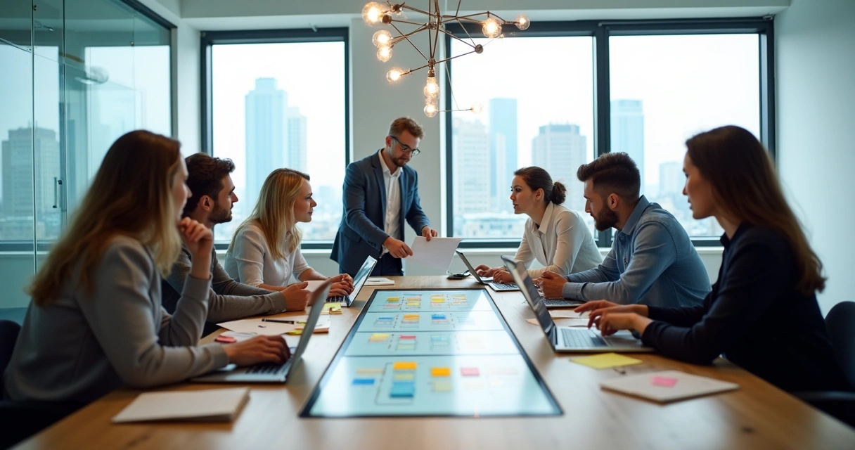 Equipe diversa em reunião colaborativa ao redor de mesa moderna 
