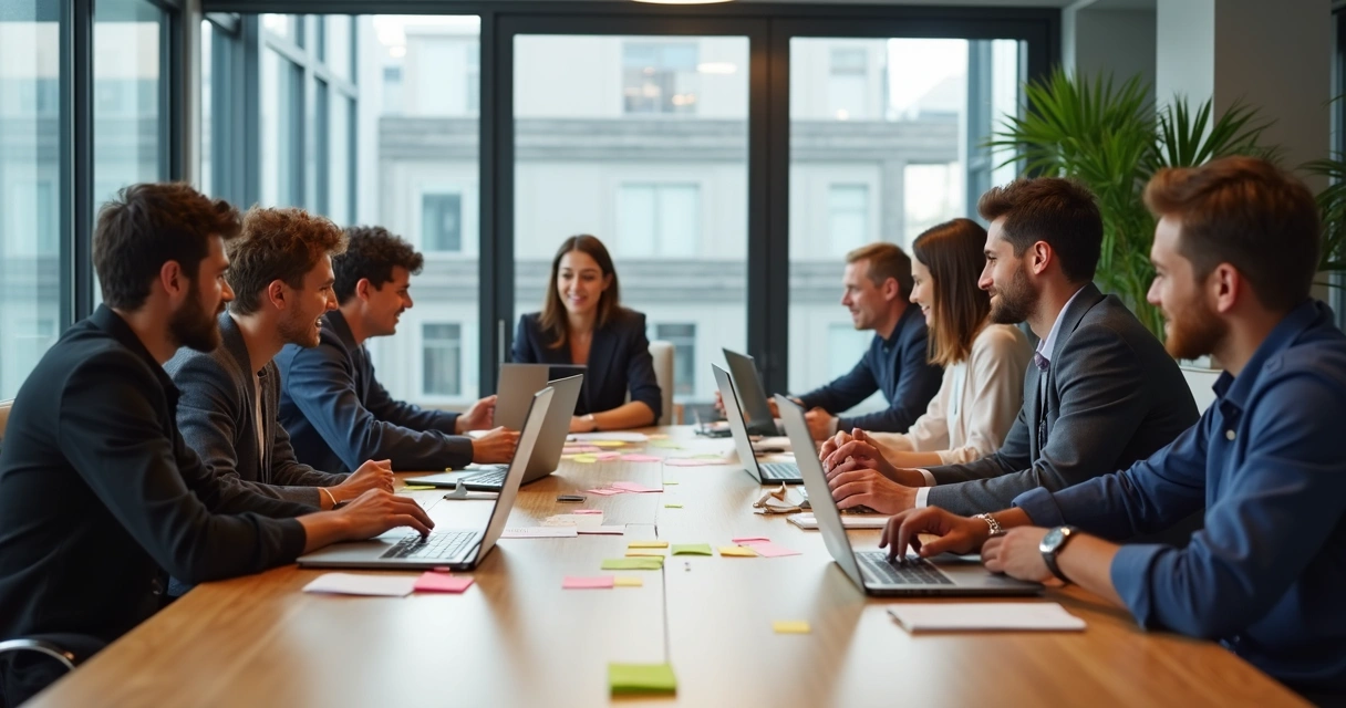 Equipe reunida ao redor de uma mesa discutindo ideias. 