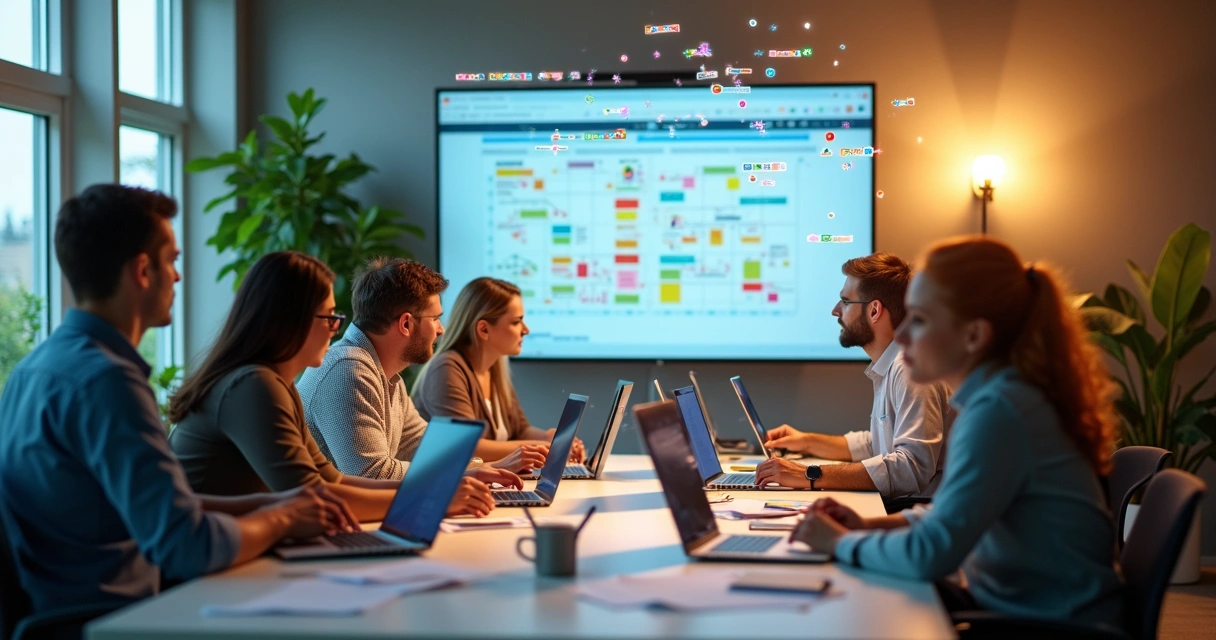 Equipe PME trabalhando junto com software digital na tela