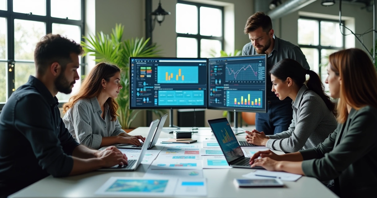 Equipe de startup reunida ao redor de mesa digital discutindo fluxos de automação em vendas 