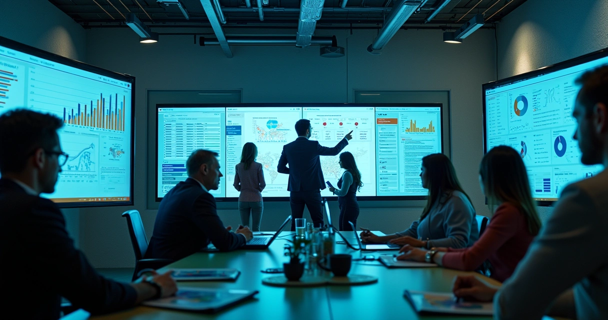 Equipe de especialistas analisa gráficos de dados em telão luminoso. 