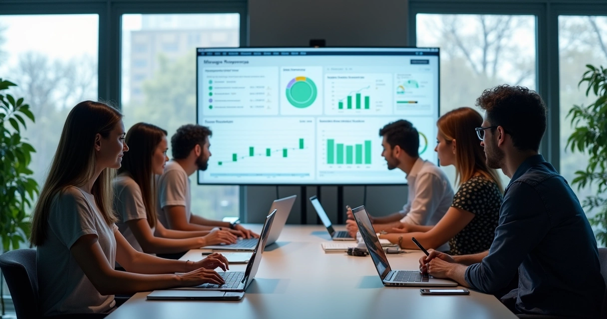 Equipe em escritório analisando mensagens de cobrança automatizadas 